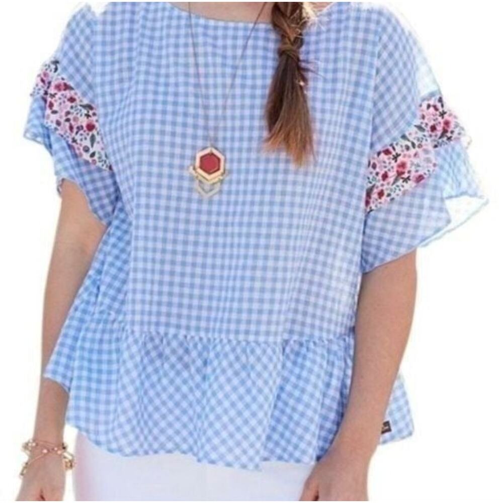 Matilda Jane  Rural Route Gingham Blue White Top Size S Floral